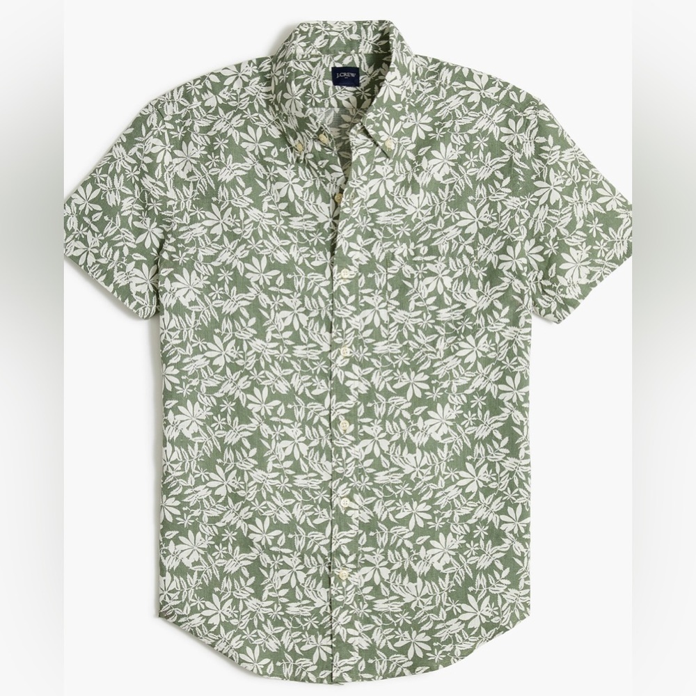 J Crew Short Sleeve‎ Linen Blend Printed Shirt Men’s XL Green Slim Fit Vacation